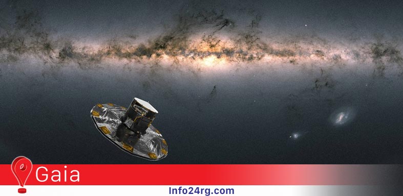 Ilustración del satélite Gaia observando la Vía Láctea. / Nave:ESA/ATG medialab/Vía Láctea:ESA/Gaia/DPAC/IGO/A. Moitinho.